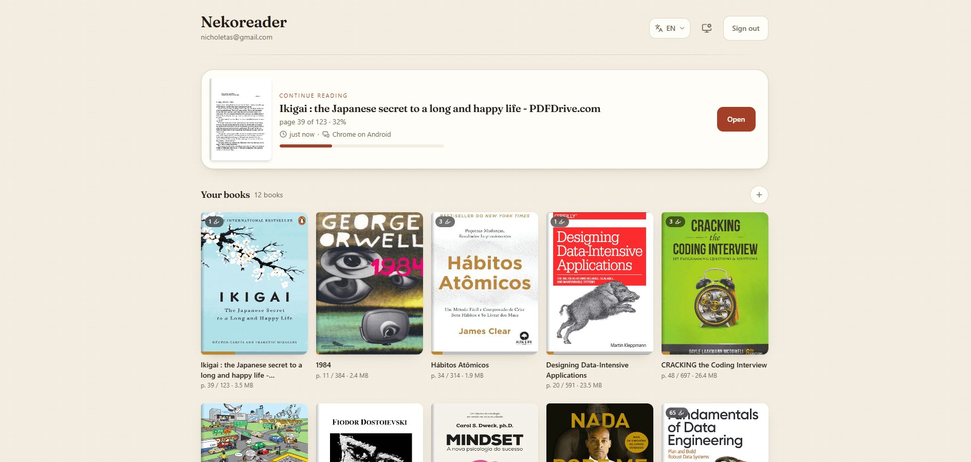 The bookshelf on a computer, with covers, reading progress and a book to continue