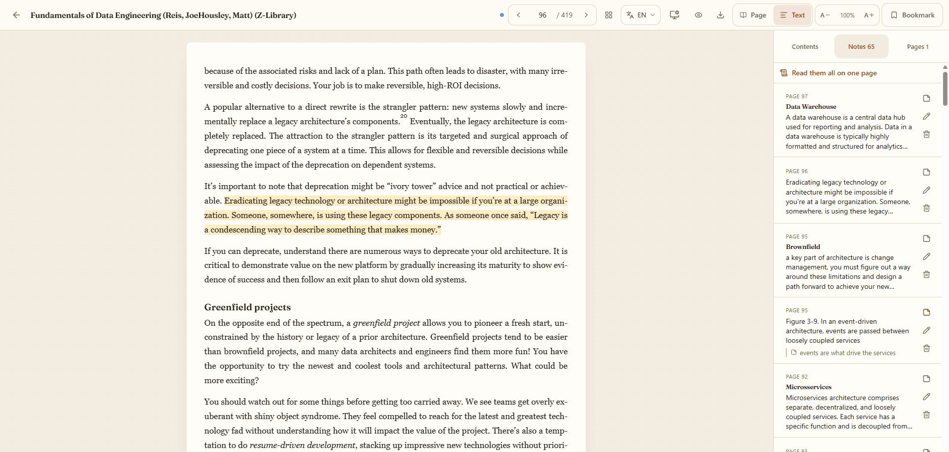 The reader on a computer, with a highlighted passage and the notes panel open